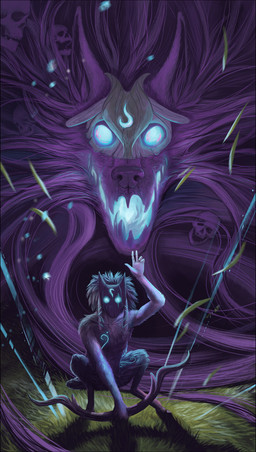 5_fingers anthro black_border blue_eyes bone border bow_(weapon) duo feral fingers fur glowing glowing_eyes grass hair looking_at_viewer mask plant purple_body purple_fur purple_hair ranged_weapon skull weapon wearing_mask oneminutesketch league_of_legends riot_games tencent kindred_(lol) lamb_(lol) wolf_(lol) bovid canid canine canis caprine mammal sheep spirit wolf 2015 digital_media_(artwork) hi_res