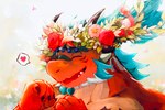 anthro blue_hair clawed_hands eyebrows eyes_closed facial_hair flower flower_crown goatee hair heart_symbol long_hair male open_mouth plant ponytail red_body red_scales scales sideburns smile solo unsigned riotaro15 anothereidos_of_dragon_vein_r mythology atmos_(anothereidos_r) dragon mythological_creature mythological_scalie scalie