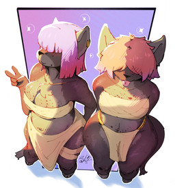 5_fingers anthro bandeau barbell_piercing belly big_breasts biped blep blush blush_lines bottomwear breasts chest_tuft chest_wraps clothing duo ear_piercing female fingers freckled_belly freckled_breasts freckled_chest freckled_face freckled_legs freckled_shoulders freckled_thighs freckles gesture gradient_hair hair hair_over_eyes hand_gesture high-angle_view humanoid_hands loincloth markings midriff navel navel_piercing piercing pink_hair simple_background snout speckle_freckles spots spotted_markings standing tail text thick_thighs tongue tongue_out topwear tuft under_boob v_sign wide_hips wraps alihsart akula_(alihsart) ozula_(alihsart) domestic_cat felid feline felis mammal artist_name digital_drawing_(artwork) digital_media_(artwork) hi_res signature sibling_(lore) twins_(lore)