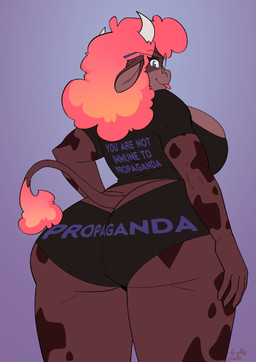 anthro blep brown_body brown_fur brown_spots clothing crop_top curly_hair eyewear female fur glasses hair half-closed_eyes low-angle_view markings narrowed_eyes orange_hair shirt smile smirk smug smug_face solo spots spotted_body spotted_fur spotted_markings tail tail_tuft text tongue tongue_out topwear tuft naughtyjester bovid bovine cattle mammal english_text hi_res