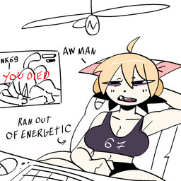 anthro black_bottomwear black_clothing blonde_hair bottomwear bra breasts ceiling_fan chair cleavage clothed clothing collarbone computer_keyboard computer_mouse desk dialogue directional_arrow electric_fan eye_bags eye_through_hair female furniture gaming grey_bra grey_clothing grey_sports_bra grey_topwear grey_underwear hair livestream midriff navel on_chair pink_inner_ear playing_video_game sitting sitting_on_chair sleeveless_clothing solo sports_bra table text topwear translucent translucent_hair underwear white_body white_sclera xarop77 domestic_cat felid feline felis mammal 1:1 2025 digital_drawing_(artwork) digital_media_(artwork) english_text hi_res