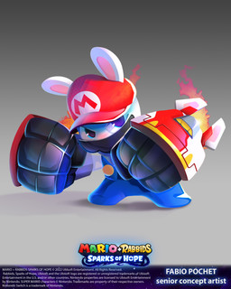 4_fingers action_pose anthro black_facial_hair black_mustache blue_clothing blue_eyes blue_overalls button_(fastener) clothed clothed_anthro clothed_male clothing facial_hair fingers fire fist fur furrowed_eyebrows gauntlets_(weapon) gradient_background grey_background hat headgear headwear light long_ears male male_anthro mustache noseless overalls pose red_clothing red_hat red_headwear simple_background solo tan_inner_ear text white_body white_fur fabio_pochet mario_bros mario_plus_rabbids_kingdom_battle mario_plus_rabbids_sparks_of_hope nintendo raving_rabbids rayman_(series) ubisoft rabbid_mario lagomorph mammal rabbid 2022 4:5 absurd_res colored concept_art crossover digital_drawing_(artwork) digital_media_(artwork) english_description english_text full-length_portrait hi_res lighting official_art portrait shaded