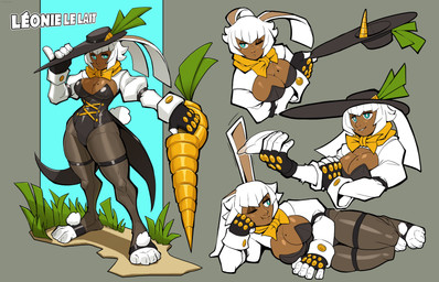 4_toes 5_fingers arm_support beckoning big_breasts blue_eyes bow_tie breasts carrot cleavage clothed clothing corset cuff_links dagger dark_body dark_skin eyeshadow fedora feet female fingerless_gloves fingers food fur gesture gloves grey_background hair handwear hat headgear headwear holding_clothing holding_hat holding_headgear holding_headwear holding_object holding_weapon leaning_on_elbow legwear leotard lingerie lying makeup markings melee_weapon mole_(marking) on_side one_ear_up one_eye_closed plant rapier short_hair simple_background smile solo standing stockings sword teddy_(clothing) toeless_legwear toes topwear vegetable weapon white_body white_fur white_hair ceehaz leonie_(ceehaz) animal_humanoid humanoid lagomorph lagomorph_humanoid leporid_humanoid mammal mammal_humanoid rabbit_humanoid 2020 absurd_res hi_res multiple_images