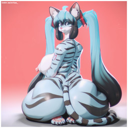 alternate_species anthro areola big_breasts big_butt big_nipples blue_body blue_eyes blue_hair border breasts butt erect_nipples feet female fur furrification genitals hair huge_breasts huge_butt hyper hyper_butt long_hair long_nipples looking_at_viewer looking_back looking_back_at_viewer nipples nude paws rear_view sagging_breasts simple_background sitting sitting_on_ground solo stripes tail thick_thighs vulva white_body white_border wide_hips orilas vocaloid yamaha_corporation hatsune_miku felid feline felis mammal pantherine tiger 1:1 2025 3d_(artwork) absurd_res blender_(artwork) digital_media_(artwork) hi_res