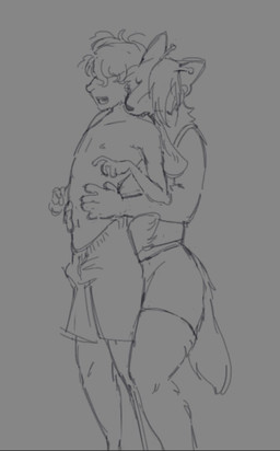 antennae_(anatomy) anthro anthro_on_anthro belly_grab bite biting_another biting_partner boxers_(clothing) bulge clothed clothing curly_hair duo ear_piercing erection erection_under_clothing eyes_closed female gauged_ear grope groping_from_behind hair male nipples open_mouth piercing romantic romantic_couple shoulder_bite standing surprised tail teeth topless underwear grandtotal duck_(fossilpaste) kieran_(grandtotal) canid canine canis hybrid lagomorph leporid mammal rabbit wolfdog digital_media_(artwork) hi_res sketch