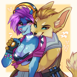 anthro bite biting_lip black_nose blue_body blue_eyes blue_fur bra breasts clothed clothing duo electronics embarrassed female flask fur hair headphones male male/female pink_nose purple_hair shoulder_bite standing teeth underwear yellow_body yellow_fur tank_(artist) hi-rez_studios paladins_(game) pepper_(paladins) pip_(paladins) canid canine fennec_fox fox mammal true_fox 1:1 2025 absurd_res hi_res