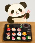 anthro biped black_body black_nose blush chibi food smile solo sushi white_body araru bear giant_panda mammal 2024 hi_res