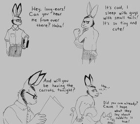 anthro bodily_fluids boxers_(clothing) clothing collared_shirt cum cum_inside duo eyewear facial_hair genital_fluids glasses implied_orgasm long_ears male male/male nipples sex shirt sideburns text topwear underwear undressing wakaimaa canid canine canis lagomorph leporid mammal english_text monochrome