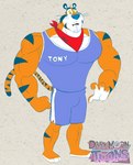 anthro big_muscles blu3danny bottomwear bulge clothed clothing countershading english_text felid frosted_flakes hi_res huge_muscles kellogg's male mammal mascot muscular muscular_anthro muscular_male pantherine shirt shorts solo tank_top text tiger tony_the_tiger toony topwear