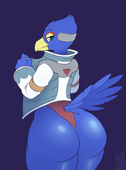 anthro beak big_butt blue_body blue_feathers bodysuit butt clothing duo exclamation_point eyebrows facial_markings feathers femboy green_eyes half-closed_eyes head_markings jacket leotard looking_at_viewer looking_back male markings narrowed_eyes rear_view red_body red_clothing red_feathers skinsuit solo_focus tight_clothing topwear white_clothing white_jacket white_topwear atherol nintendo star_fox background_character falco_lombardi avian bird canid canine falconid fox mammal 2022 hi_res