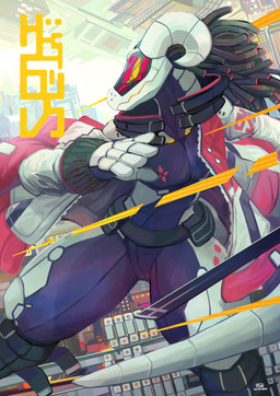 5_fingers anthro clothing fingers hair horn jacket machine male melee_weapon robotic_body solo sword tail topwear weapon plive mythology dragon mythological_creature mythological_scalie robot scalie synth_(vader-san) 2022 absurd_res hi_res