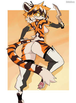 anthro breasts butt clothing eyewear female fur fur_markings genitals glasses gloves hair handwear holding_object holding_weapon leggings legwear looking_back markings multicolored_hair paws solo striped_body striped_fur stripes text vulva weapon biddoboss arknights hypergryph studio_montagne waaifu_(arknights) felid mammal pantherine tiger 2025 absurd_res artist_name hi_res watermark