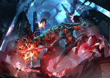 action_pose ambiguous_gender anthro belt blood bodily_fluids bottomwear building car city clothing detailed_background explosion footwear fur glowing glowing_eyes group holding_melee_weapon holding_object holding_sword holding_weapon jacket low-angle_view machine male melee_weapon muscular muscular_male open_mouth pants pose prosthetic prosthetic_arm prosthetic_limb science_fiction shoes shooting_gun size_difference skyscraper smile sword text topwear vehicle violence weapon lordigan frank_johansen canid canine canis mammal robot wolf 2024 absurd_res album_cover cover digital_media_(artwork) english_text hi_res official_art