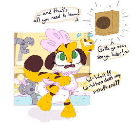 3_toes 4_fingers ageplay ambiguous_gender anthro bib big_diaper blush blush_lines bodily_fluids bonnet brown_body brown_ears brown_fur brown_nose brown_pawpads brown_stripes brown_tail brown_tail_tip changing_table clean_diaper clothed clothing color_coded color_coded_speech_bubble dialogue diaper diaper_package dipstick_tail ears_down ellipsis fangs feet fingers flying_sweatdrops fur gesture hand_gesture headgear headwear intercom markings multicolored_body multicolored_fur on_one_leg open_mouth panicking pawpads pink_bonnet pink_clothing pink_headwear pink_pacifier pivoted_ears pointing pointing_up robotic_arm roleplay solo speech_bubble spiral spiral_eyes standing striped_body striped_fur striped_markings striped_tail stripes sweat sweatdrop tail tail_markings tan_body tan_fur teeth text three-quarter_view tilde_after_text toes two_tone_tail wearing_diaper yellow_body yellow_fur yellow_tail boredomwithfriends ace_(boredomwithfriends) felid mammal pantherine tiger 2026 english_text full-length_portrait hi_res portrait