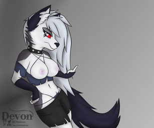 5_fingers alternative_fashion angry anthro areola big_breasts biped black_nose breasts clothing collar dark emo eyebrow_through_hair eyebrows eyelashes female fingers fur genitals gesture gloves grey_background grey_body grey_fur grey_hair hair hand_gesture handwear humanoid_genitalia humanoid_vulva inner_ear_fluff long_hair looking_at_viewer makeup middle_finger mitten_hands navel nipples nude partial_nudity pink_areola pink_nipples pussy_peek red_sclera scene_haircut simple_background solo spiked_collar spikes translucent translucent_hair tuft underwear vulva white_body white_eyes white_fur devon_fletsher hellaverse helluva_boss mythology loona_(helluva_boss) canid canid_demon canine demon hellhound mammal mythological_canine mythological_creature 2021 6:5 digital_drawing_(artwork) digital_media_(artwork)