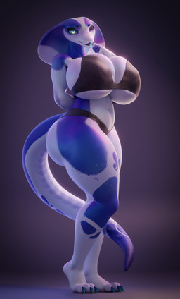 anthro big_breasts big_butt black_bra black_clothing black_panties black_underwear blue_eyes bra breasts butt clothed clothing female glowing glowing_eyes huge_breasts huge_butt looking_at_viewer multicolored_body panties solo standing tail thick_thighs tongue tongue_out two_tone_body underwear underwear_only white_body wide_hips vllrukkin valorlynz_(modeler) nisha_(bluedingo) cobra legged_snake reptile scalie snake 2026 3d_(artwork) absurd_res digital_media_(artwork) hi_res