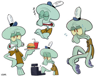 anthro blue_body blue_skin bodily_fluids bottomless brown_clothing brown_shirt brown_topwear burger cash_register clothed clothing food male saliva shirt simple_background sleeping solo sound_effects text topwear vowelless vowelless_sound_effect white_background zzz hiwai nickelodeon spongebob_squarepants squidward_tentacles aquatic cephalopod coleoid giant_pacific_octopus mollusk octopodiform octopus 4:3 absurd_res artist_name hi_res