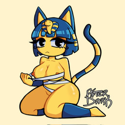 anthro black_eyes breasts clothing female fur looking_at_viewer simple_background solo undressing yellow_body yellow_fur after_dark animal_crossing nintendo ankha_(animal_crossing) domestic_cat felid feline felis mammal 1:1 hi_res