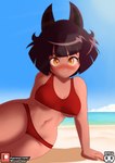 animal_ears beach bikini black_ears black_hair blush breasts clothing fangs female hair looking_at_viewer navel not_furry pupils red_clothing red_swimwear sea seaside slit_pupils solo swimwear tan_body tan_skin teeth two-piece_swimsuit under_boob water yellow_eyes minus_class high_guardian_spice olive_(high_guardian_spice) animal_humanoid cat_humanoid felid felid_humanoid feline feline_humanoid humanoid mammal mammal_humanoid 2022 absurd_res digital_drawing_(artwork) digital_media_(artwork) hi_res portrait three-quarter_portrait