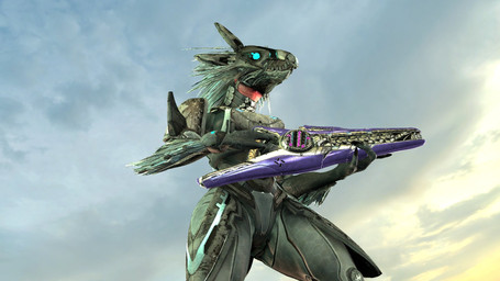 anthro arm_feathers arm_tuft armor avian_caruncle beam_rifle blue_eyes claws energy_weapon face_covered feather_hair feathered_crest feathers female finger_claws full_armor glowing glowing_eyes green_body green_feathers grey_body grey_scales gun head_crest headgear helmet holding_gun holding_object holding_ranged_weapon holding_weapon low-angle_view pseudo_hair ranged_weapon scales sharp_teeth sky solo teeth tuft weapon moonify pickle_juice_(modeler) halo_(series) microsoft xbox_game_studios alien avian kig-yar scalie t'vaoan 16:9 3d_(artwork) colored digital_media_(artwork) hi_res widescreen