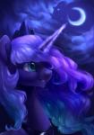 cloud cosmic_hair crescent_moon crown ethereal_hair eyelashes female feral glowing glowing_horn grin hair headgear horn long_hair moon night outside pseudo_hair sky smile solo teal_eyes teeth lispp friendship_is_magic hasbro my_little_pony princess_luna_(mlp) equid mammal 2015 bust_portrait portrait