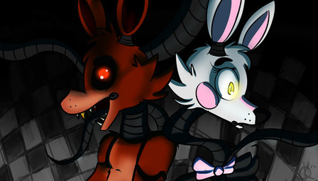anthro dark duo exposed_endoskeleton female glowing glowing_eyes machine male red_eyes robotic_tongue yellow_eyes oakini five_nights_at_freddy's five_nights_at_freddy's_2 scottgames foxy_(fnaf) mangle_(fnaf) animatronic canid canine fox mammal robot