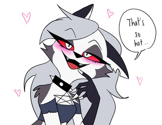 anthro blush collar dialogue ears_back ears_down female fur grey_body grey_fur grey_hair hair heart_symbol long_hair pivoted_ears pupils red_sclera slit_pupils solo speech_bubble spiked_collar spikes text white_body white_eyes white_fur emositecc hellaverse helluva_boss mythology loona_(helluva_boss) canid canid_demon canine demon hellhound mammal mythological_canine mythological_creature english_text hi_res