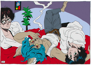 ambiguous_gender ambiguous_human anthro barefoot bed belt black_hair black_nose blue_hair bottomwear breasts brown_belt cigarette closed_smile clothed clothed_ambiguous clothed_anthro clothed_female clothed_human clothed_male clothing colored_nails denim denim_bottomwear denim_clothing eyebrows eyewear facial_hair feet female female_anthro fingernails furniture glasses green_eyes group hair holding_cigarette holding_object inner_ear_fluff inside jeans light_body light_skin long_fingernails long_nails looking_at_viewer lying male male_human mouth_closed nails on_back on_side pants plant plantigrade rectangular_glasses red_eyes sharp_fingernails sharp_nails shirt short_hair smile smiling_at_viewer smoke smoking stubble tan_body toes topwear tuft wearing_glasses white_clothing white_fingernails white_inner_ear white_inner_ear_fluff white_nails white_shirt white_topwear yellow_sclera kaneoya_sachiko domestic_cat felid feline felis human mammal