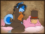 alternate_costume anthro bed clothing_swap cosplay duo female furniture male tail spunky_(artist) level-5 professor_layton_(series) professor_layton spunky_(spunky) canid canine canis human mammal wolf 2009