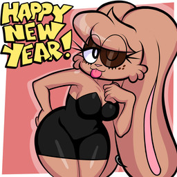 5_fingers abstract_background anthro black_clothing black_dress blep clothing dress ear_piercing ear_ring ears_down eyelashes female fingers freckled_face freckles glistening_eyelids hands_on_hips long_eyelashes one_eye_closed piercing pivoted_ears ring_piercing solo text tongue tongue_out tuft wink blackmore blair_(blackmore) lagomorph leporid mammal rabbit 1:1 absurd_res english_text hi_res