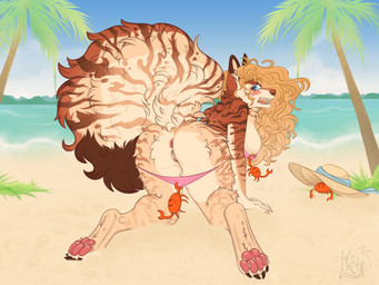 anthro anus beach big_breasts big_tail blush breasts claws clothed clothing female genitals huge_breasts huge_tail nipples partially_clothed paws sand solo summer summer_hat tail underwear underwear_down vulva kiesht arthropod canid canine canis crab crustacean decapod malacostracan mammal wolf hi_res