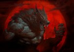 5_fingers anthro black_nose brown_body brown_fur claws fangs fingers fur humanoid_hands male moon muscular muscular_anthro muscular_male open_mouth red_eyes red_moon sharp_teeth solo teeth manzanedo mythology canid canine mammal mythological_canine mythological_creature werecanid werecanine werecreature werewolf