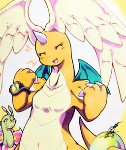 4_wings ambiguous_gender antennae_(anatomy) anthro blush blush_lines bracelet breasts claws duo emanata eyelashes eyes_closed feathered_wings feathers featureless_breasts female feral green_body horn jewelry membrane_(anatomy) membranous_wings multi_wing navel non-mammal_breasts open_mouth orange_body simple_background small_breasts tail tan_body tan_feathers tongue wings yellow_eyes 025aki mythology nintendo pokemon dragon generation_2_pokemon generation_9_pokemon mega_dragonite mega_evolution meganium mythological_creature mythological_scalie pokemon_(species) scalie 2026 absurd_res dated hi_res signature