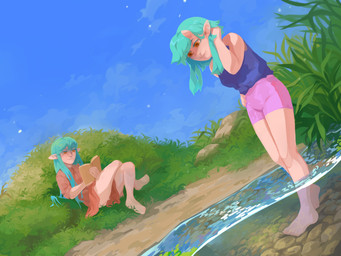 blue_clothing blue_hair blue_sky blue_topwear bottomwear clothed clothing dress duo female grass hair horn humanoid_pointy_ears mouth_closed not_furry orange_clothing orange_dress orange_eyes outside pants partially_submerged pink_bottomwear pink_clothing pink_pants plant pointy_ears reclining rock sky standing tan_body tan_skin topwear unsigned waterline_view corzh77 elf humanoid 4:3 absurd_res hi_res