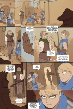5_fingers angry armor blonde_hair blue_scarf blue_sky breastplate bruised bruised_face clothed clothing day dialogue dialogue_box door fingers frown gloves grey_eyes guard hair handwear headgear helmet human_only light_body light_skin male melee_weapon not_furry polearm scarf silhouette sky speech_bubble text weapon arbuzbudesh caska_(arbuzbudesh) human mammal 2025 2:3 colored comic english_text hi_res