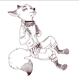 ambiguous_gender anthro bare_chest biped cheek_tuft chest_tuft clothed clothing collar dipstick_tail eyewear facial_tuft footwear goggles half-closed_eyes head_tuft holster legwear looking_at_viewer markings multicolored_tail narrowed_eyes neck_tuft open_clothing open_shirt open_topwear shirt shock_collar simple_background sitting socks solo tail tail_markings toeless_footwear toeless_socks topwear tuft white_background fuel_(artist) disney zootopia nick_wilde canid canine fox mammal red_fox true_fox 1:1 2019 aliasing brown_and_white digital_drawing_(artwork) digital_media_(artwork) full-length_portrait monochrome portrait