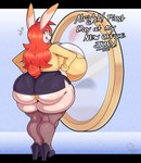 anthro big_breasts big_butt bottomwear breasts butt clothed clothing dialogue eyelashes female footwear hair hands_on_hips heart_eyes heart_symbol high_heels huge_breasts huge_butt legwear long_hair mirror orange_hair panties panty_lines shirt shoes skirt solo text thick_thighs topwear underwear mehdrawings clare_(themushlord) lagomorph leporid mammal rabbit 2024 absurd_res english_text hi_res