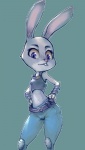 anthro belt bottomwear buckteeth clothed clothing female green_background hands_on_hips legwear long_ears looking_at_viewer midriff navel pants police police_uniform pose purple_eyes simple_background solo teeth uniform utility_belt conoghi disney zootopia judy_hopps lagomorph leporid mammal rabbit