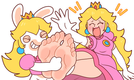 barefoot blonde_hair clothing dress duo feet female hair laugh pink_clothing pink_dress soles tickling tickling_feet toes compysteps mario_bros mario_plus_rabbids_kingdom_battle nintendo raving_rabbids rayman_(series) ubisoft princess_peach rabbid_peach human lagomorph mammal rabbid 5:3 absurd_res crossover hi_res