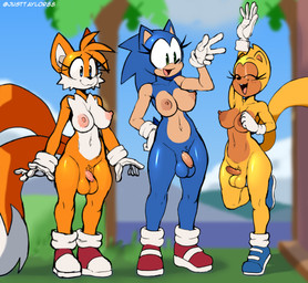 anthro areola balls blotchy_areola breasts clothing crossgender eyelashes facial_tuft flaccid footwear foreskin freckled_face freckles genital_raphe genitals gesture glistening_eyelids gloves group gynomorph handwear humanoid_genitalia humanoid_penis intersex long_eyelashes mtg_crossgender mti_crossgender navel nipples outside penis pubes public public_nudity raphe_(anatomy) scrotal_raphe shoes small_penis smile standing text trio tuft unretracted_foreskin waving justtaylor sega sonic_the_hedgehog_(series) miles_prower ray_the_flying_squirrel sonic_the_hedgehog canid canine eulipotyphlan flying_squirrel fox hedgehog mammal rodent sciurid absurd_res english_text hi_res