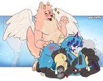 anthro belly bodily_fluids cum cum_inside cum_on_ground duo feathered_wings feathers genital_fluids happy happy_sex male male/male sex slightly_chubby spread_wings text tongue tongue_out wings magikarpii nintendo pokemon leon_(dhalucario) bovid canid canine caprine generation_4_pokemon hybrid lucario mammal pokemon_(species) english_text hi_res