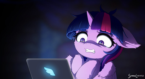 bodily_fluids clenched_teeth computer electronics eyelashes female feral fur hair horn laptop multicolored_hair purple_body purple_eyes purple_fur scared solo tears teeth wings symbianl friendship_is_magic hasbro my_little_pony mythology twilight_sparkle_(mlp) equid equine mammal mythological_creature mythological_equine winged_unicorn 2021 digital_media_(artwork) hi_res