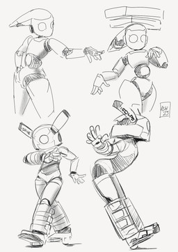 1_eye 5_fingers duo faceless_character female fingers machine mouthless no_pupils not_furry pose simple_background standing white_background blackboltlonewolf disney fireball_(disney) drossel_von_flugel_(fireball) lady_ariadne_(fireball) android humanoid robot robot_humanoid 2025 absurd_res greyscale hi_res monochrome multiple_images signature sketch