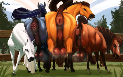ambiguous_gender anal_fluids animal_genitalia animal_penis anus ass_to_ass backsack balls big_anus big_balls big_butt bodily_fluids butt butt_squish equine_anus equine_genitalia equine_penis equine_tail erection feral genitals group lemon_testicles looking_at_viewer looking_back male male/male male_feral musk musky_balls penis perineum presenting presenting_anus presenting_hindquarters puffy_anus quadruped raised_tail rear_view saggy_balls squish sweat tail tail_anus take_your_pick manahallowhound dreamworks spirit:_stallion_of_the_cimarron spirit_(cimarron) equid equine horse mammal absurd_res hi_res