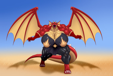 anthro big_breasts breasts cleavage clothed clothing female horn huge_breasts looking_at_viewer membrane_(anatomy) membranous_wings multicolored_body multicolored_scales open_mouth open_smile red_body red_scales scales smile smiling_at_viewer solo tan_body tan_scales two_tone_body two_tone_scales wings yellow_eyes ber00 mythology dragon mythological_creature mythological_scalie scalie 2026 absurd_res hi_res