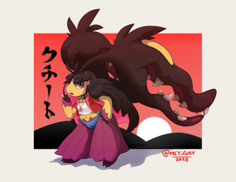 annoyed anthro biped black_hair blazer bulge cigarette clothing collar collar_tag crop_top fangs fishnet_clothing gynomorph hair hanafuda hanafuda_card hand_on_hip highlights_(coloring) intersex jacket looking_at_viewer open_mouth panties panty_bulge red_clothing red_jacket red_topwear shirt smoking smoking_cigarette solo spiked_collar spikes standing teeth text thick_thighs topwear underwear sunny_(artist) nintendo pokemon generation_6_pokemon mega_evolution mega_mawile pokemon_(species) hi_res japanese_text