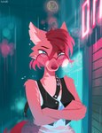 anthro blue_eyes breasts building clothed clothing crossed_arms detailed_background eyewear female fur glasses looking_at_viewer midriff neon_sign outside pink_body pink_fur raining sign solo hydrabb canid canine fox mammal 2021 absurd_res digital_media_(artwork) hi_res lineless signature