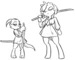 anthro clothed clothing duo female feral melee_weapon pose sword weapon telsie pooky_(pooky's_goodra) equid equine horse kobold mammal pony scalie black_and_white hi_res monochrome