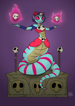 anthro apode blue_body bone breasts fangs female gold_(metal) gold_jewelry hair humanoid_hands jewelry legless markings non-mammal_breasts podium pupils purple_background purple_hair purple_markings red_eyes serpentine simple_background skull skull_accessory slit_pupils smile solo tan_body teeth wide_hips clockworkwolf mancy_(wonder-waffle) draconcopode naga reptile scalie snake viper 2025 digital_drawing_(artwork) digital_media_(artwork) english_description hi_res