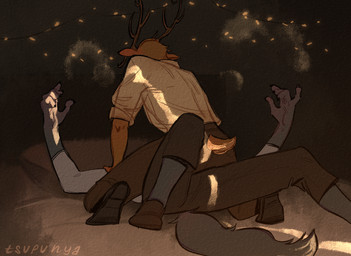 5_fingers anthro antlers bed bedroom bottomwear brown_body brown_fur claws clothing dominant dominant_male duo faceless_character faceless_male fingers fluffy fluffy_tail footwear fur furniture grey_body grey_fur horn inside lights looking_down lying male male/male on_back on_bed on_bottom on_top pants pillow pinned pinned_to_bed predator/prey raised_arms rear_view shirt shoes short_tail straddling tail topwear uniform tsupunya beastars legoshi_(beastars) louis_(beastars) canid canine canis deer mammal wolf 2023 digital_drawing_(artwork) digital_media_(artwork) signature